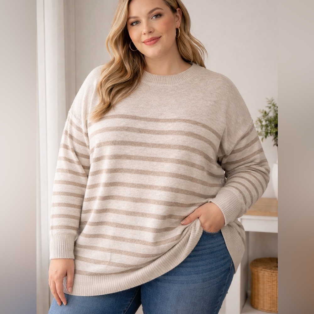 Vince Camuto Neutral Striped Sweater | Size 1X